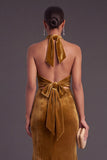 Velvet Golden Brown Mermaid Halter Long Wedding Guest Dress with Bow
