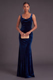 Velvet Navy Mermaid Cowl Neck Long Wedding Guest Dress