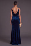 Velvet Navy Mermaid Cowl Neck Long Wedding Guest Dress