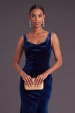 Velvet Navy Mermaid Cowl Neck Long Wedding Guest Dress