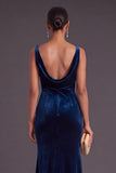 Velvet Navy Mermaid Cowl Neck Long Wedding Guest Dress