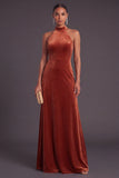 Terracotta Halter Velvet A-Line Long Wedding Guest Dress