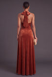 Terracotta Halter Velvet A-Line Long Wedding Guest Dress