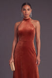 Terracotta Halter Velvet A-Line Long Wedding Guest Dress