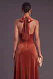 Terracotta Halter Velvet A-Line Long Wedding Guest Dress