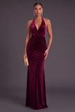 Halter Burgundy Velvet Mermaid Ruched Long Wedding Guest Dress