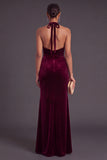 Halter Burgundy Velvet Mermaid Ruched Long Wedding Guest Dress
