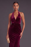 Halter Burgundy Velvet Mermaid Ruched Long Wedding Guest Dress