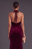 Halter Burgundy Velvet Mermaid Ruched Long Wedding Guest Dress