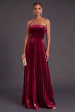 Burgundy Velvet Strapless A-Line Pleated Long Wedding Guest Dress