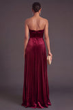 Burgundy Velvet Strapless A-Line Pleated Long Wedding Guest Dress
