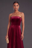 Burgundy Velvet Strapless A-Line Pleated Long Wedding Guest Dress