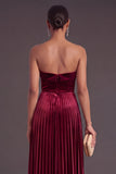 Burgundy Velvet Strapless A-Line Pleated Long Wedding Guest Dress