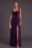 Dark Purple A-Line Sweetheart Velvet Long Wedding Guest Dress with Slit