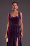 Dark Purple A-Line Sweetheart Velvet Long Wedding Guest Dress with Slit