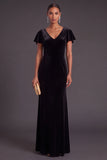 Long Black Velvet Mermaid Wedding Guest Dress with Sleeves