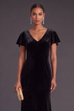 Long Black Velvet Mermaid Wedding Guest Dress with Sleeves