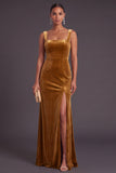 Golden Brown Velvet Mermaid Square Neck Long Wedding Guest Dress with Slit