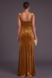 Golden Brown Velvet Mermaid Square Neck Long Wedding Guest Dress with Slit