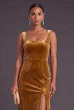 Golden Brown Velvet Mermaid Square Neck Long Wedding Guest Dress with Slit