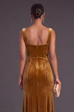 Golden Brown Velvet Mermaid Square Neck Long Wedding Guest Dress with Slit