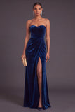 Navy Velvet Mermaid Strapless Ruched Long Wedding Guest Dress with Slit