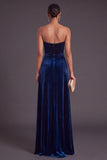 Navy Velvet Mermaid Strapless Ruched Long Wedding Guest Dress with Slit