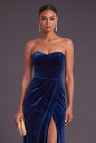 Navy Velvet Mermaid Strapless Ruched Long Wedding Guest Dress with Slit