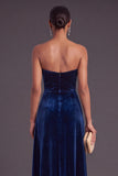 Navy Velvet Mermaid Strapless Ruched Long Wedding Guest Dress with Slit