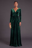Dark Green Velvet V-Neck Ruched Long Wedding Guest Dress with Sleeves