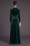 Dark Green Velvet V-Neck Ruched Long Wedding Guest Dress with Sleeves