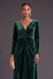 Dark Green Velvet V-Neck Ruched Long Wedding Guest Dress with Sleeves