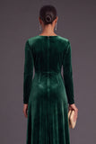 Dark Green Velvet V-Neck Ruched Long Wedding Guest Dress with Sleeves