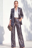 Sparkly Sequins Coffee Cheetah Print Piece Peak Lapel Women Suits with Pocket