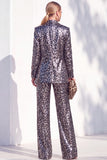 Sparkly Sequins Coffee Cheetah Print Piece Peak Lapel Women Suits with Pocket