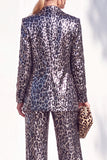 Sparkly Sequins Coffee Cheetah Print Piece Peak Lapel Women Suits with Pocket