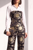 Black Gold Floral 2 Piece Collar Lapel Women Suits with Sleeves