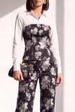 Black Gold Floral 2 Piece Collar Lapel Women Suits with Sleeves