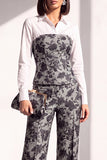 Black Gold Floral 2 Piece Collar Lapel Women Suits with Sleeves