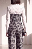Black Gold Floral 2 Piece Collar Lapel Women Suits with Sleeves