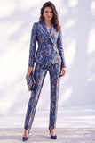 Dark Blue Floral Fitted 2 Piece Peak Lapel Women Suits with Sleeves