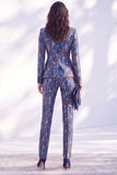 Dark Blue Floral Fitted 2 Piece Peak Lapel Women Suits with Sleeves