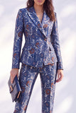 Dark Blue Floral Fitted 2 Piece Peak Lapel Women Suits with Sleeves