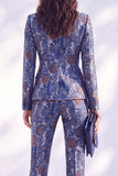 Dark Blue Floral Fitted 2 Piece Peak Lapel Women Suits with Sleeves