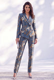 Dark Blue Floral Fitted 2 Piece Peak Lapel Women Suits with Sleeves