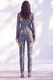 Dark Blue Floral Fitted 2 Piece Peak Lapel Women Suits with Sleeves