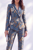 Dark Blue Floral Fitted 2 Piece Peak Lapel Women Suits with Sleeves
