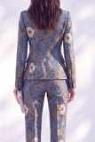 Dark Blue Floral Fitted 2 Piece Peak Lapel Women Suits with Sleeves
