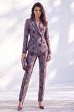 Dark Blue Floral Fitted 2 Piece Peak Lapel Women Suits with Sleeves