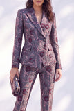 Dark Blue Floral Fitted 2 Piece Peak Lapel Women Suits with Sleeves